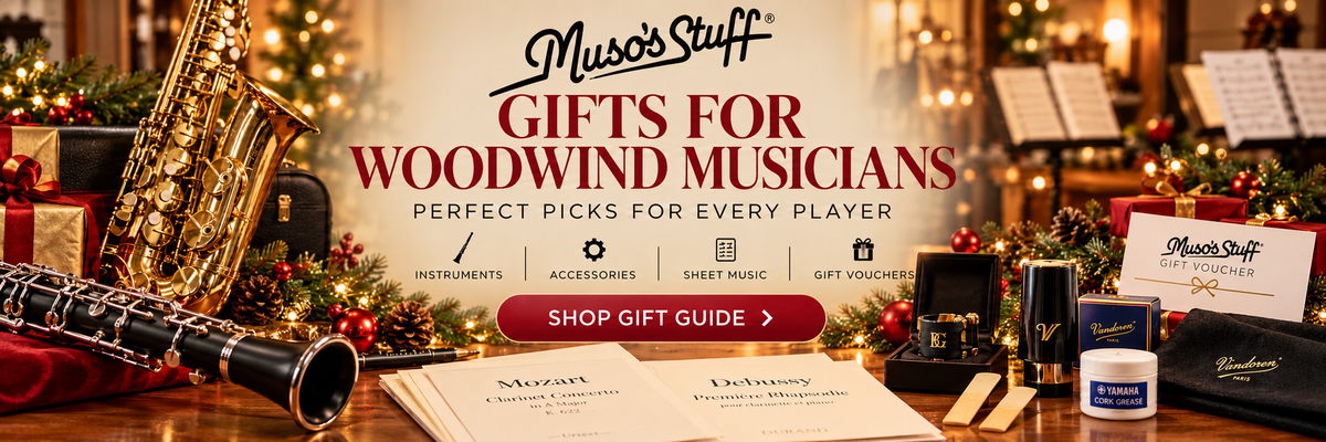 Gifts for Woodwind Musicians with Muso's Stuff script logo