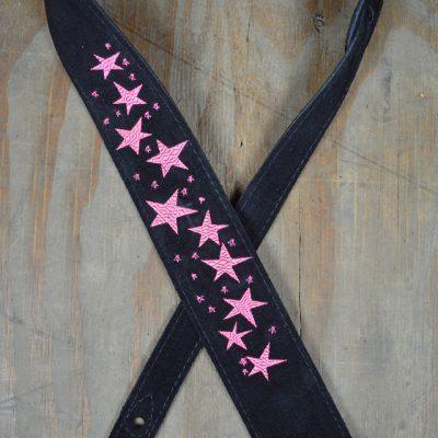 Pink Stars Embroidered Black Suede Guitar Strap - Straps by Colonial Leather at Muso's Stuff
