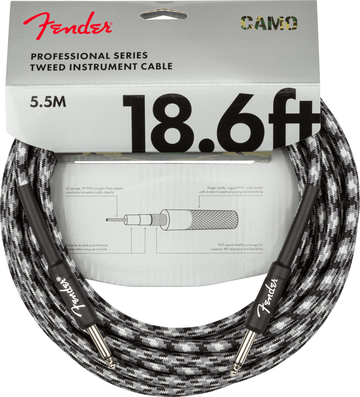 Professional Series Instrument Cable, Straight to Straight, 18.6 Ft, Winter Camo - Straps by Fender at Muso's Stuff