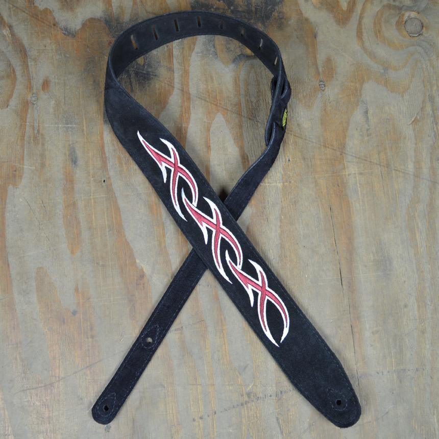 Red & White XXX Embroidered Black Suede Guitar Strap - Straps by Colonial Leather at Muso's Stuff