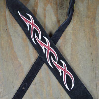 Red & White XXX Embroidered Black Suede Guitar Strap - Straps by Colonial Leather at Muso's Stuff
