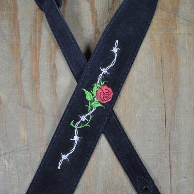 Rose & Barbed Wire Embroidered Black Suede Guitar Strap - Straps by Colonial Leather at Muso's Stuff