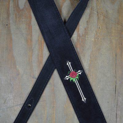 Rose & Cross Embroidered Black Suede Guitar Strap - Straps by Colonial Leather at Muso's Stuff
