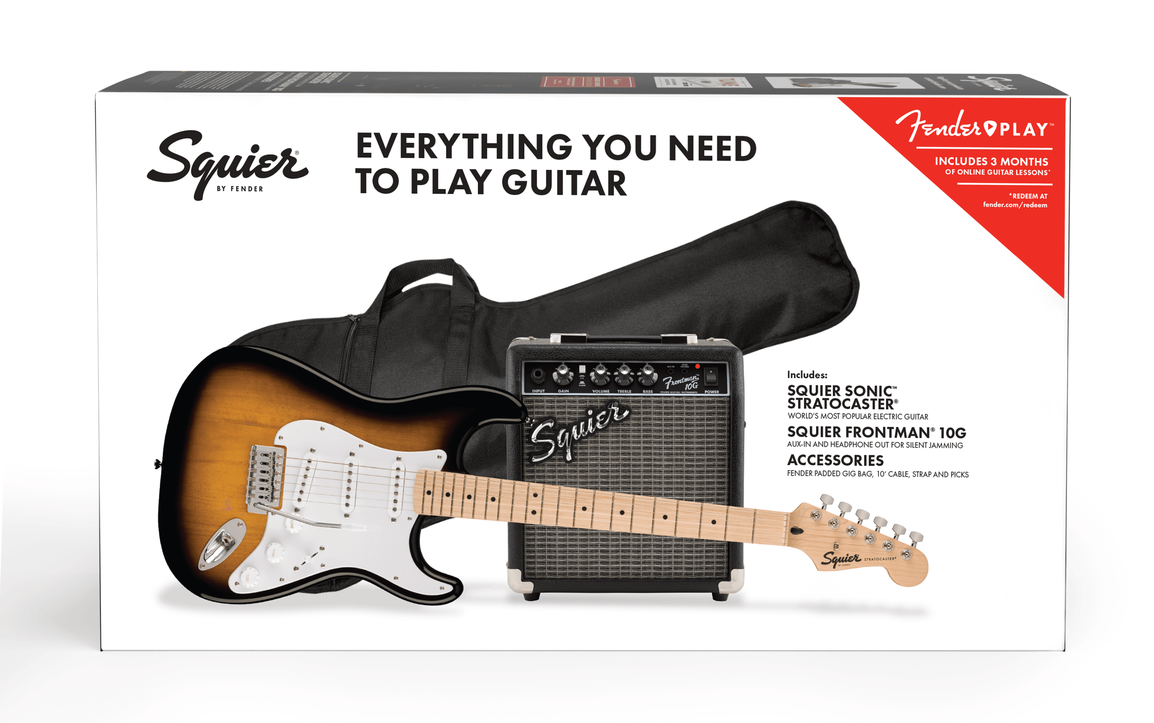 Squier Sonic Stratocaster Pack, Maple Fingerboard, 2-Color Sunburst, Gig Bag - Guitars - Electric Guitar Pack by Squier at Muso's Stuff