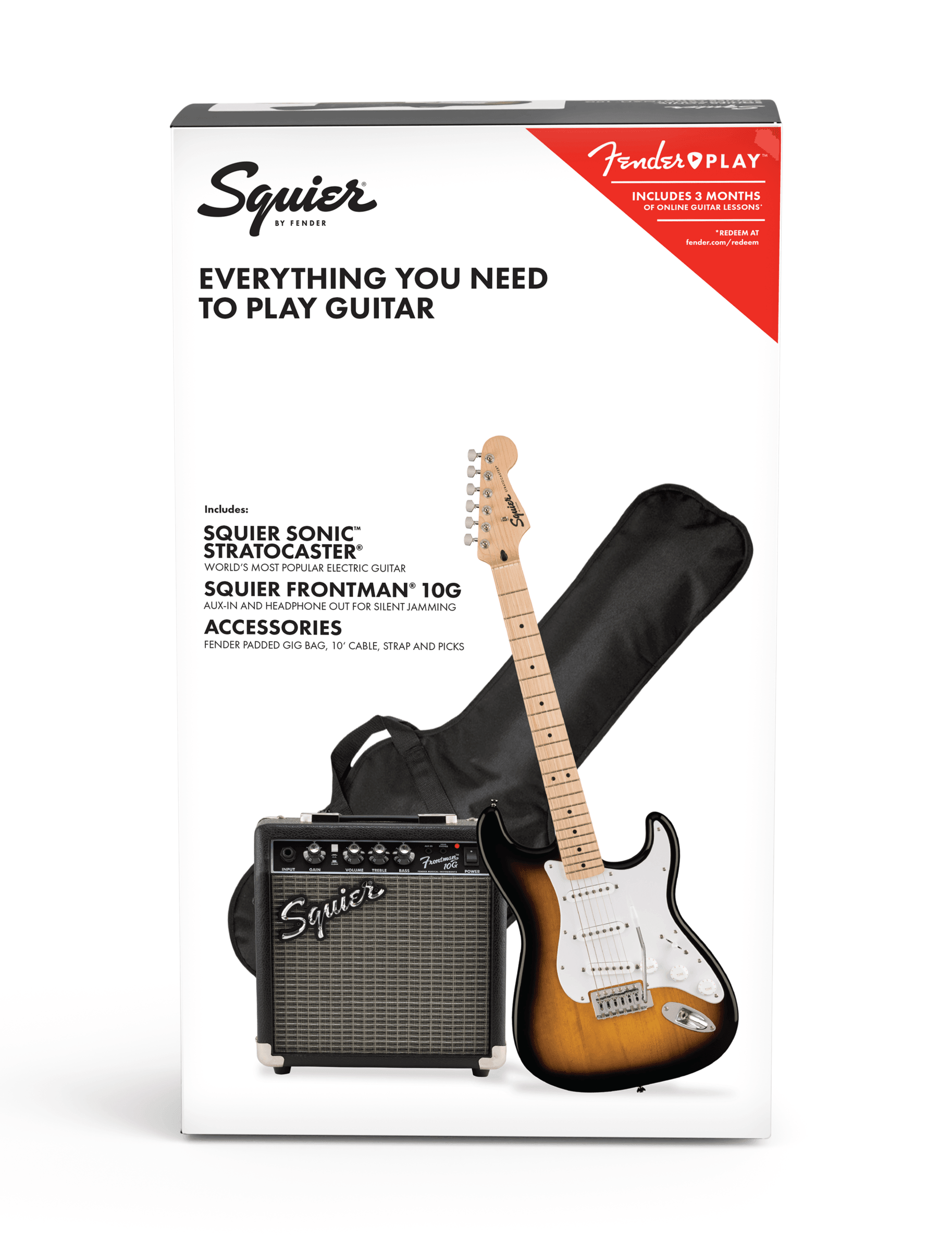Squier Sonic Stratocaster Pack, Maple Fingerboard, 2-Color Sunburst, Gig Bag - Guitars - Electric Guitar Pack by Squier at Muso's Stuff
